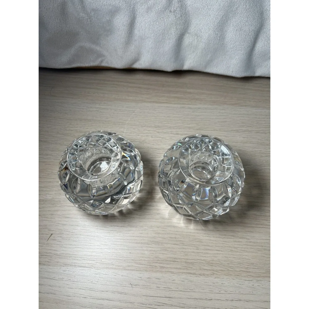 Crystal round reversible heavy diamond cut taper/tealight candle holder set of 2
